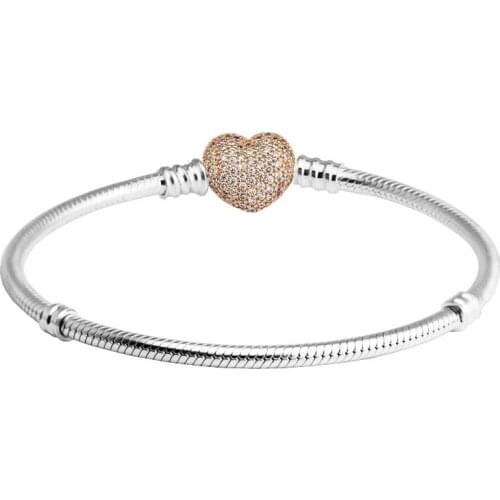 Rose Pave Heart Clasp Bracelets 100% 925 Sterling Silver Jewelry Free Shipping