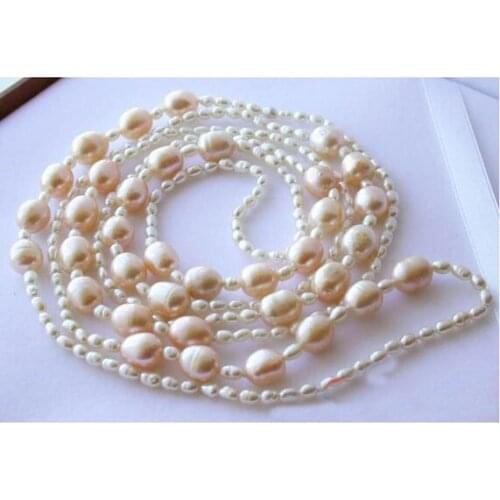 Unique Pearls jewellery Store 50inch 10mm Pink White Rice Freshwater Pearl Necklace Charming Women Jewelry Gift