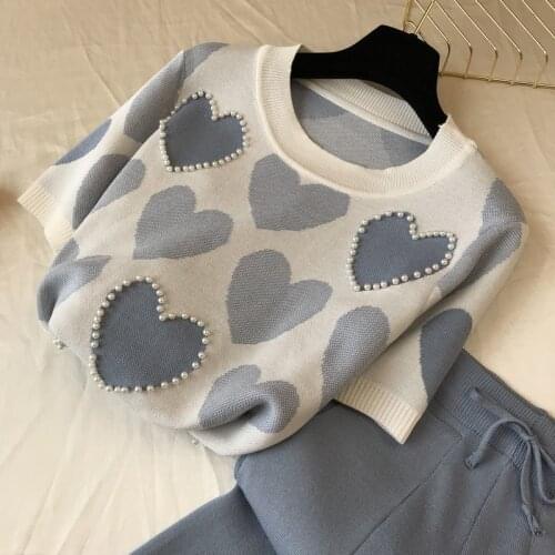 Woemn Fashion Chic 2021 Summer Short Sleeve Round Neck Heart Love Pearls Beading Knitted T Shirt+Casual Pants Clothing Sets Suit