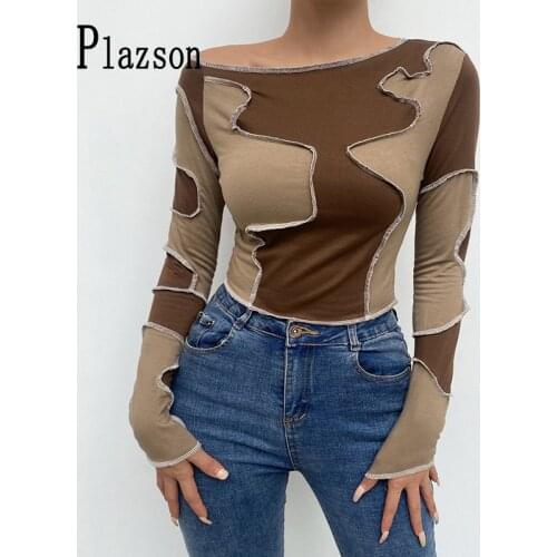 Plazson Fashion Patchwork Slim T Shirt Tops Women 2021 Autumn Long Sleeve Casual Round Neck Bodycon Tees Basic Streetwear
