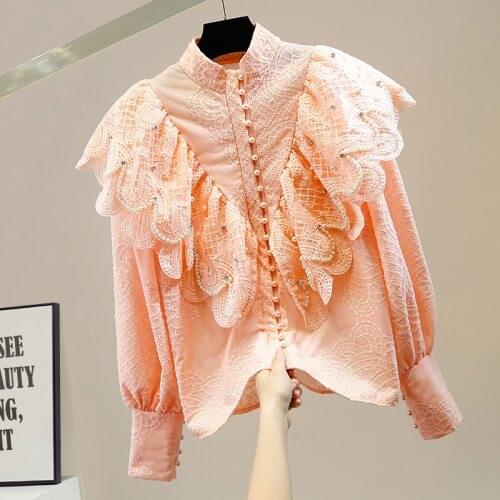 Lace Shirt Women Beads Diamond Sweet Flounced Stitching Single-Breasted Stand Collar Embroidery Temperament Long Sleeve Blouse