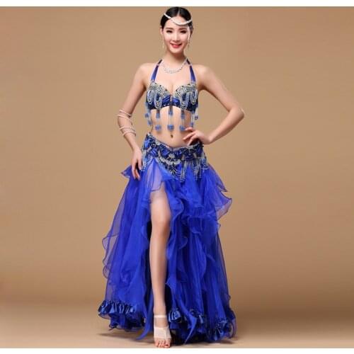 2019 New Women Dancewear Professional 3pcs Outfit Plus Size Cup C/D Bra Belt Skirt Long Oriental Beaded Belly Dance Costume