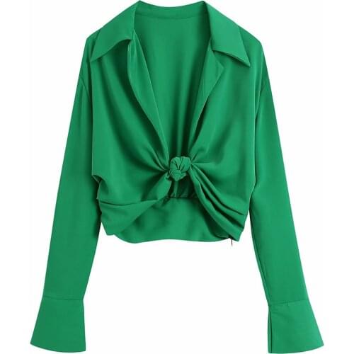 2021 New Women Fashion With Knotted Cropped Blouses Vintage Long Sleeve Side Zipper Female Shirts Chic Tops