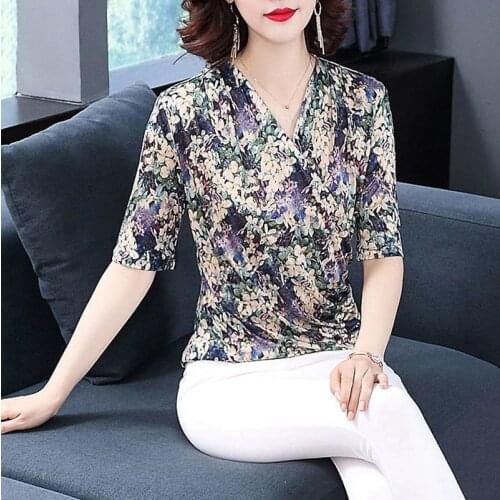 Women Spring Summer Style Lace Blouses Shirts Lady Casual V-Neck Short Sleeve Flower Printed Blusas Tops DD8816