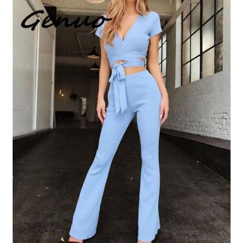 Genuo 2019 V Neck Bandage Women Sets Blue Long Sleeve Crop Tops + Bodycon Flare Pants Two Piece Sets 2 Piece Sets Womens Outfits