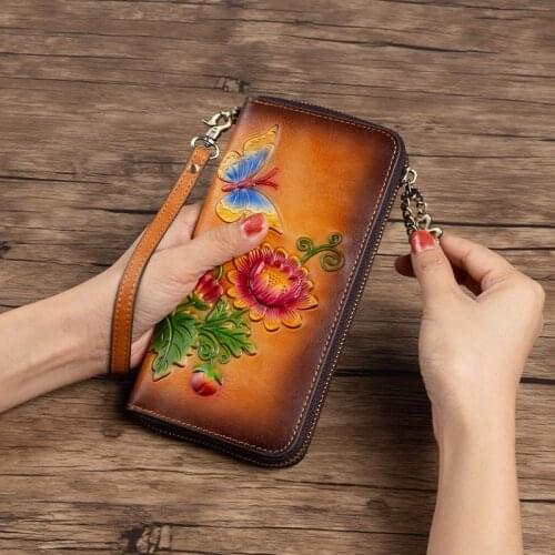 Women Genuine Leather Wallet Long Clutch Bag Printing Floral Female Designer Holder Card Money Clips Handy Wrist Bags Purse