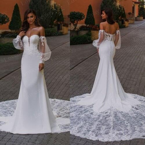 Off the Shoulder Beach Mermaid Wedding Dresses 2021 Bridal Gown Lace Appliques Long Sleeves Vestidos De Novia Boho Bride Dresses
