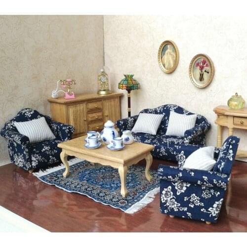 1/12 Dolls House Furniture Living Room Sofa Armchairs Cushions Pillows Blue