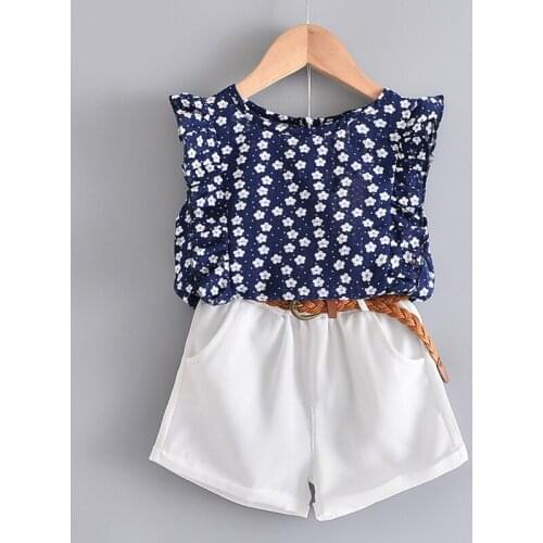 27Kids Girls Clothes Suit Pants Korean Floral Pattern T-shirt Shorts Children Clothing Set Kids Girls Suit (Gift Belt