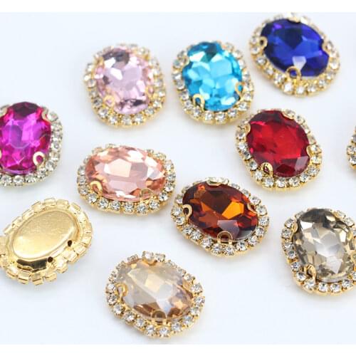9p 13x18mm Oval color glass stone sew on faceted crystal rhinestone jewels Trim Beads applique Gold claw Buckle for DIY clothes