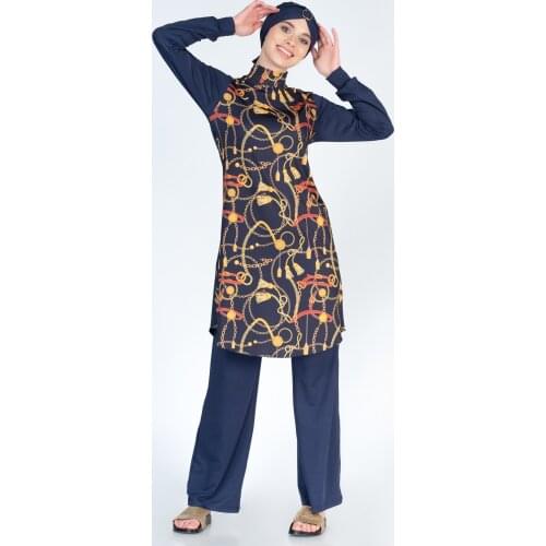 Alfasa 406 Long Sleeve Chain Print Trousers Full Off Hijab Swimwear Navy Blue