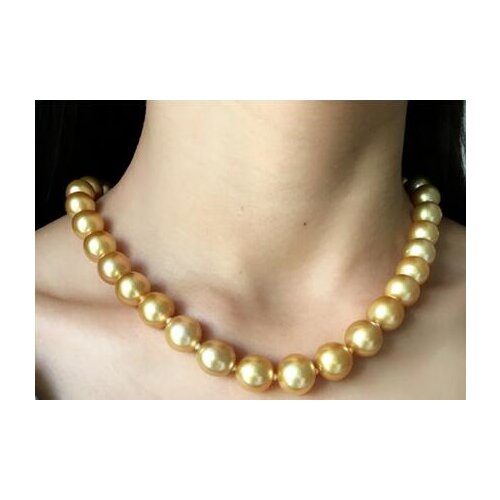 Free shipping >>>>noble jewelry gorgeous 12-14mm south sea round gold pearl necklace 14k