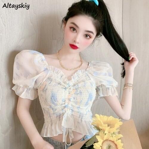 Blouses Women Ruffles Sweet Slim Korean Style Leisure Ladies Tops Harajuku Stylish Square Collar Mujer Blusas Sexy Summer Party