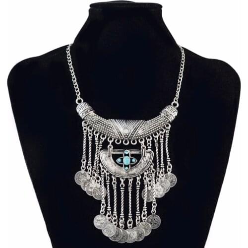 Bohemia Vintage silver-color Coin Green Stone Drop Choker Necklace Jewelry Geometric Multilayer Tassel Bib Statement Necklace
