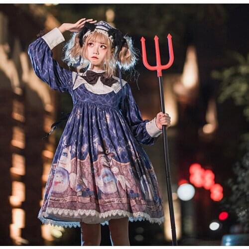Halloween gothic vintage sweet lolita dress lace bowknot stand high waist printing victorian dress kawaii girl gothic lolita op