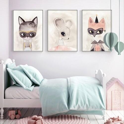 Modern Pink Cute Cartoon Animals Angel Girl Wall Art Canvas Painting Fox Poster Nursery Print Picture Kid Baby Room Home Decor