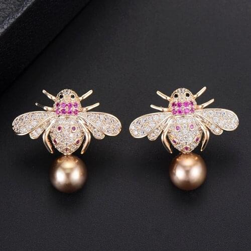LARRAURI 2019 New Cubic Zircon Cute Bee Shape Stud Earrings Jewelry Vintage Insect Simulated-Pearl Stud Earrings For Women Girls