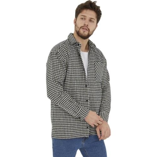 Mens Standard-Fit Long-Sleeve Casual Checked Shirt Single Patch Pocket Button-down Collar Comfortable Slim Fit Single Pocket