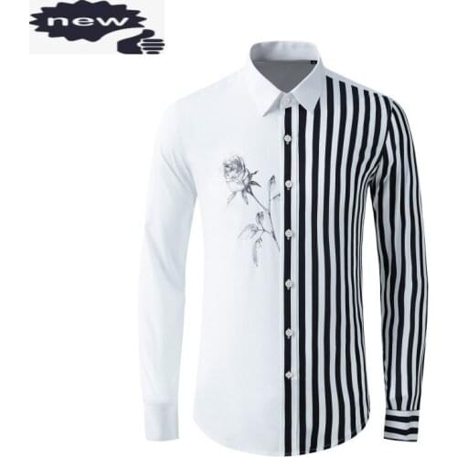 2021 New Mens Patchwork Striped Dress Shirt Long Sleeve Autumn High Quality Business Man Slim Fit Floral Printed Shirts Tops