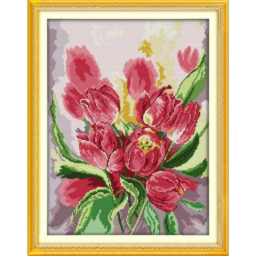 Joy sunday Pink Tulip Stamped Cross stitch kits DMC Needlework Embroidery Cross-Stitch set DIY Handwork Fabric 14CT and 11CT