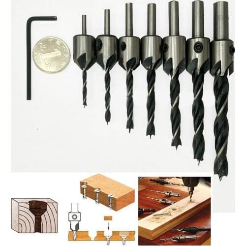 7pcs HSS 5 Flute Countersink Drills Bit Reamer Set Woodworking Chamfer 3-10mm
