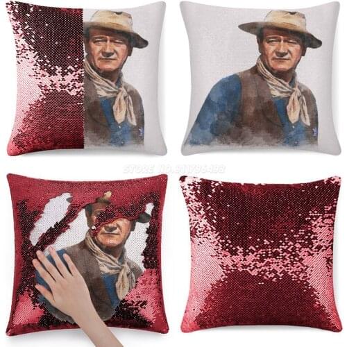 John Wayne " The "-Watercolor Sequin Pillowcase Glitter Throw Pillow for Party Cafe Home Sofa John Wayne Rio Bravo The Cowboy Cl