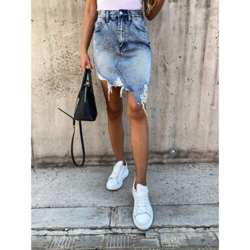 Summer New Personality Irregular Ripped Denim Skirt Casual High-waisted Sexy Lapel Fringed Jeans Pencil Skirt For Lady Hot Sale