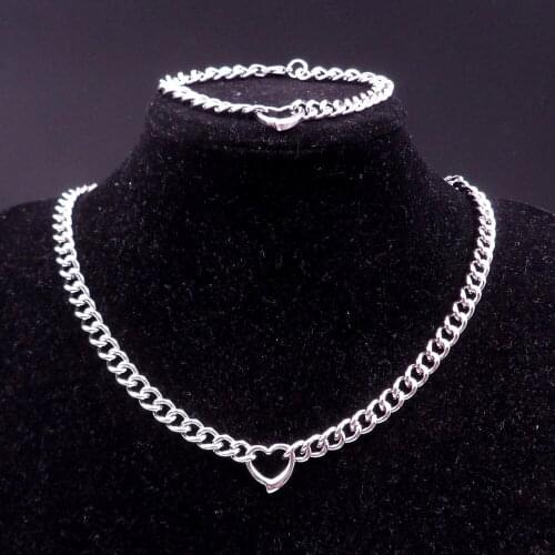 New charm For Womens Stainless Steel Heart Necklace Bracelet Set shipping free
