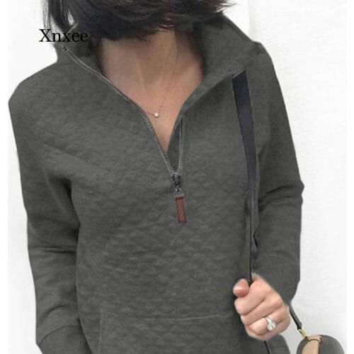 Autumn and Winter Ladies Pocket Zipper Half-Open Long-Sleeved Blouse Slim-Fit Rejection Collar Casual Sweatshirt Plaid