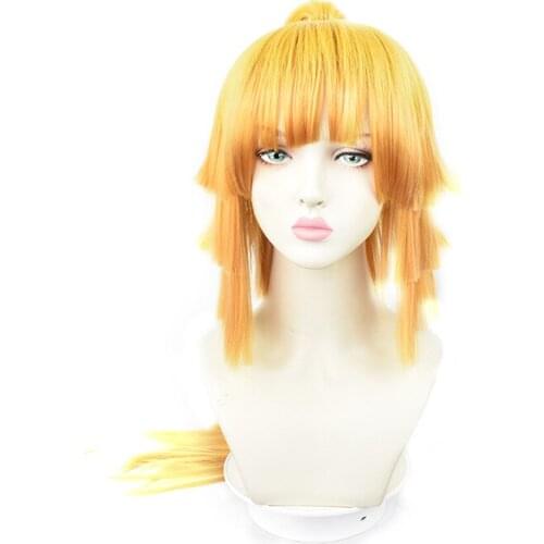 Anime Kimetsu No Yaiba Demon Slayer Cos Wig Agatsuma Zenitsu Cosplay Yellow Long Straight Ponytail Hair Halloween Cos Headgear