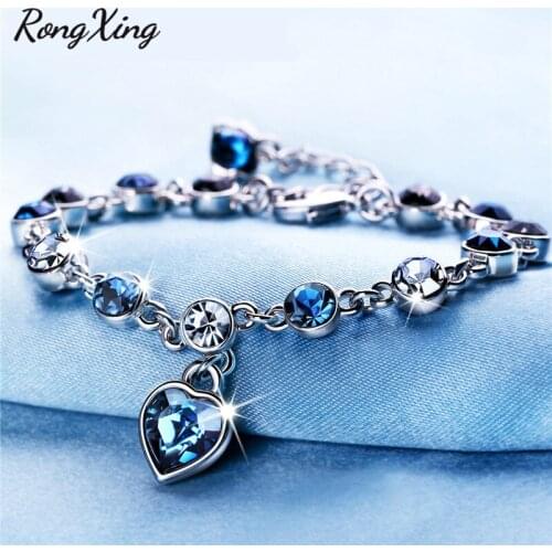 RongXing Sparkling Round Blue/White Chain Bracelets For Women New Fashion White Gold Filled Blue Heart Charm Bracelet ZR0046
