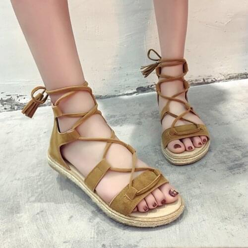 Womens Sandals Casual Shoes Cross straps Flats Lace up Ladies Tassel Ankle Wrap Round Toe Female Hollow Summer Footwear 2021