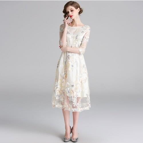 2021 New Summer Fashion Designer Dress Women Flowers Embroidery See Through Mesh Elegant Holiday Party Midi Dresses