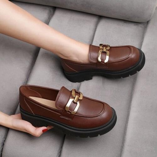 Women Loafer Shoes 2021 Spring Autumn New British Style Genuine Leather Ladies Oxford Shoes Metal Buckle Casual Sneakers Ladies