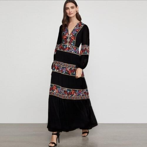 Boho Maxi Rayon Dresses Female Vintage Floral Embroidery Long Dress Spring Summer New Elegant Fashion V-Neck Long Sleeve Dresses