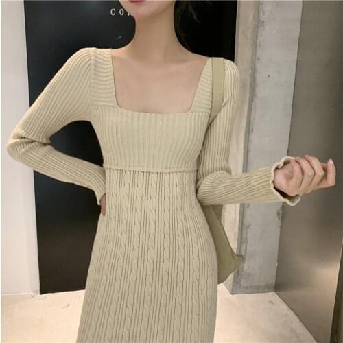 Women Autumn Winter Sexy Square Collar Twist Long Sweater Dress Long Sleeve Knitted Pullover Dress Elegant Slim Jumper Dress