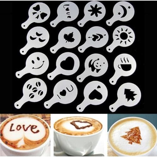 Plastic Cafe Foam Spray Template Barista Stencils Decoration Tool Garland Mold Fancy Coffee Printing Flower Model 16pcs/set