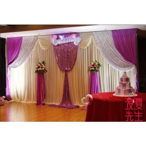 3M x 6M Bling Wedding Backdrop with voilet swags and silver sequin Stage Decoration