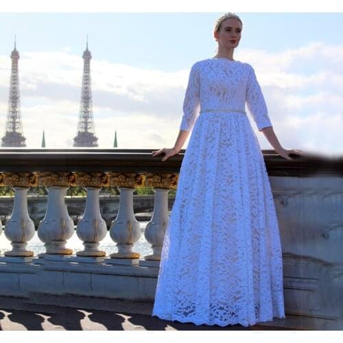 High Neck White Lace Nude Lining A-line Floor Lenght Wedding Dress Long Sleeves Bandage Back Bridal Dress with Beading Sash