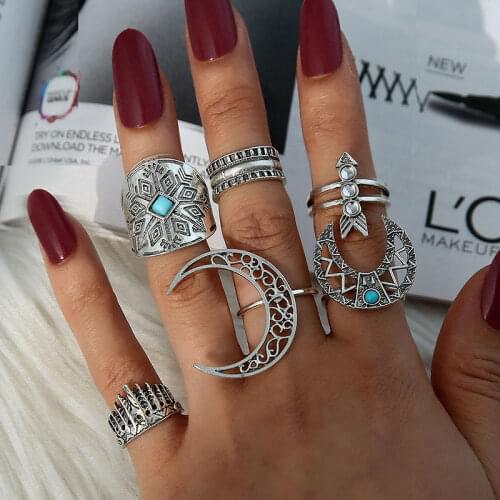 Bohemia Antique Silver Color Rings for Women Exaggerated Hollow Moon Arrow Animal Jewelry