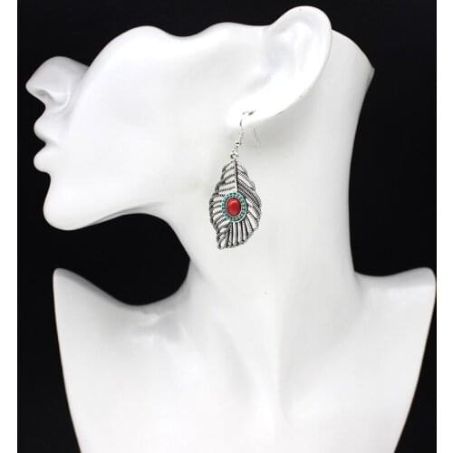 Bohemian Vintage Leaves Dangle Drop Earrings Ethnic Pendant Inlaid With Red And Blue Natural Stones For Women Female Jewelry