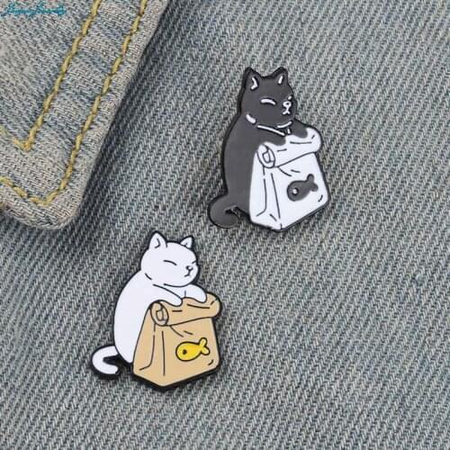 Enamel Pins Cute Black White Cats Dried Fish Bag Brooches Lapel Badge Cartoon Animal Jewelry Gift For Kids Friends