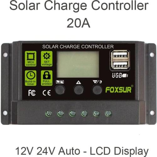 FOXSUR 20A Auto Solar Charge Controller PWM Controllers LCD Dual USB 5V Output Solar Panel PV Regulator Drop Shipping