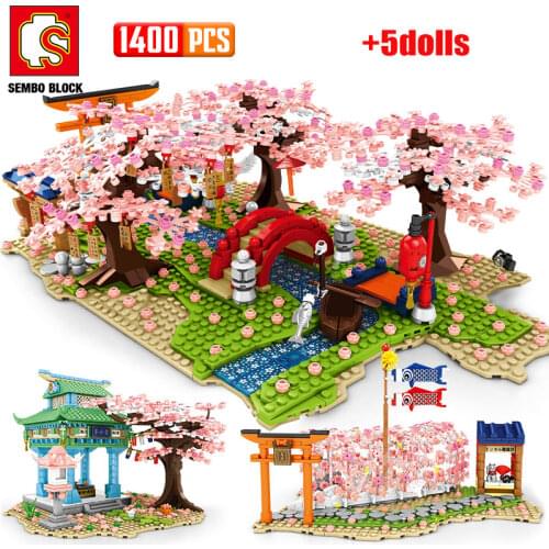 City Street View Sakura Inari Shrine Building Blocks Friends Cherry Blossom Creator House Tree Construct Brick Toys for Children