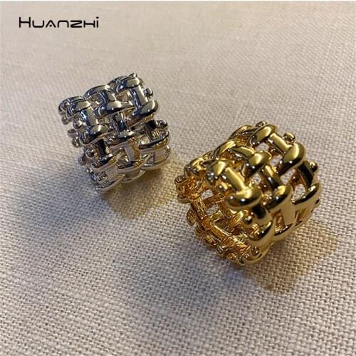 HUANZHI 2020 New Retro Metal Geometric Irregular Weave Wide Adjustable Finger Rings Punk For Women Girls Party Jewelry