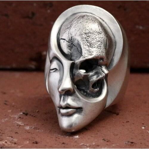 EYHIMD Unique Design Human Duality Hide Yin and Yang Skull Rings Mens Punk Goth Stainless Steel Biker Ring Women Jewelry