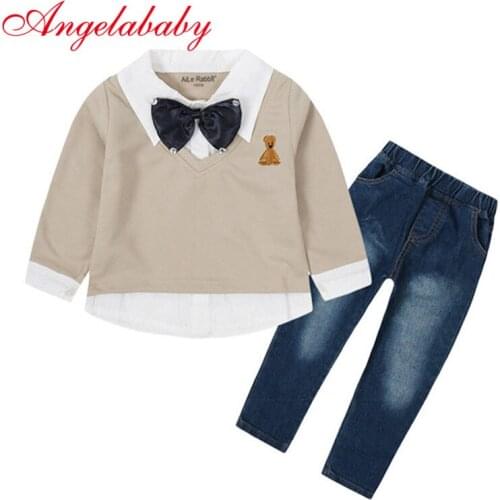 Toddler Boys Clothing Sets Fashion Long Sleeve Top Jeans 2 Piece Childrens Wear Kids Set Cartoon bear fake two-piece Clothes