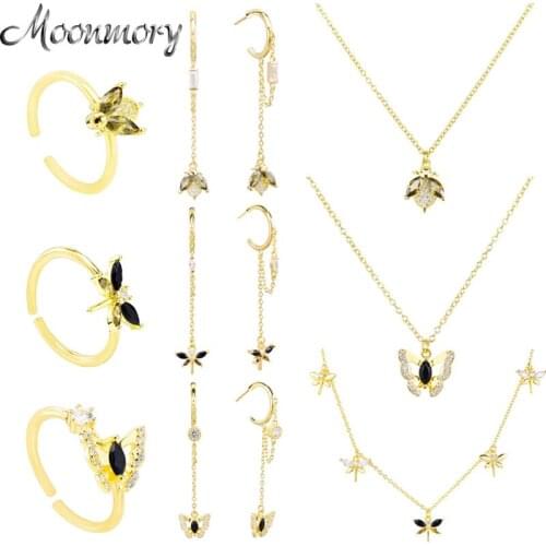 Moonmory 925 Sterling Silver Dragonfly Butterfly Bee Earrings Rings Necklaces For Women Europe Pop Exquisite Animal Jewelry Set