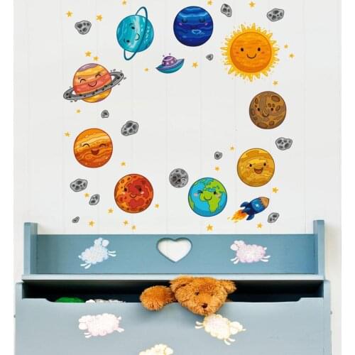 Cartoon space Planet wallpaper for Kids Room Solar System Earth Children Nursery Mural Decals Background Decor