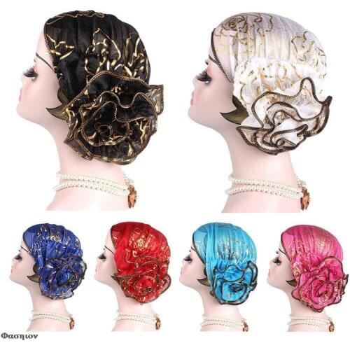 Muslim Fashion Womens Hijabs Headscarf Pile Heap Cap Women Able Caps Islamic Bronzing Flower Turban Hat